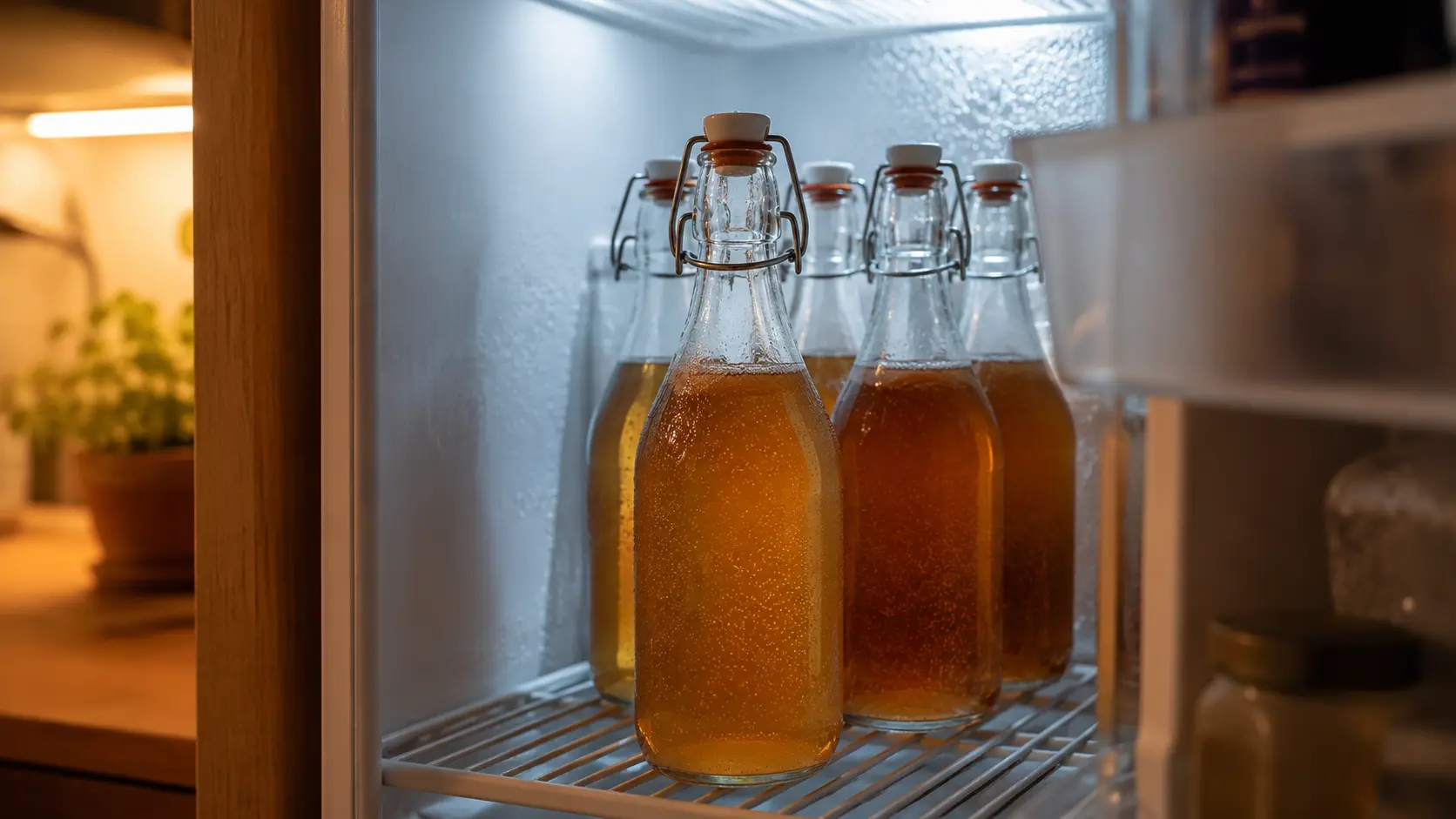 Bottles of kombucha stored upright on a cold refrigerator shelf, condensation on the glass