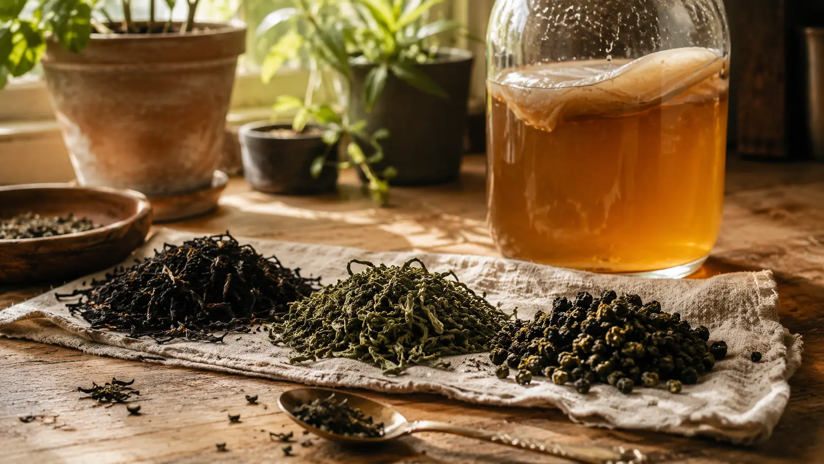 Loose-leaf black, green, and oolong tea beside a jar of kombucha with a SCOBY on a wooden counter
