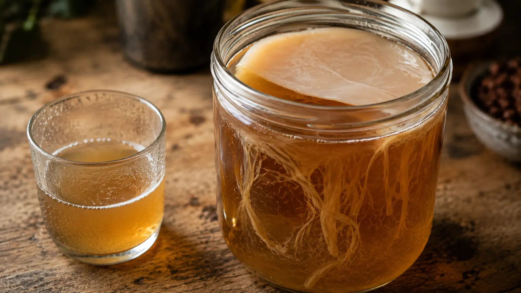 Brown stringy yeast strands drifting in a jar of kombucha beneath a healthy SCOBY, a normal sign not spoilage