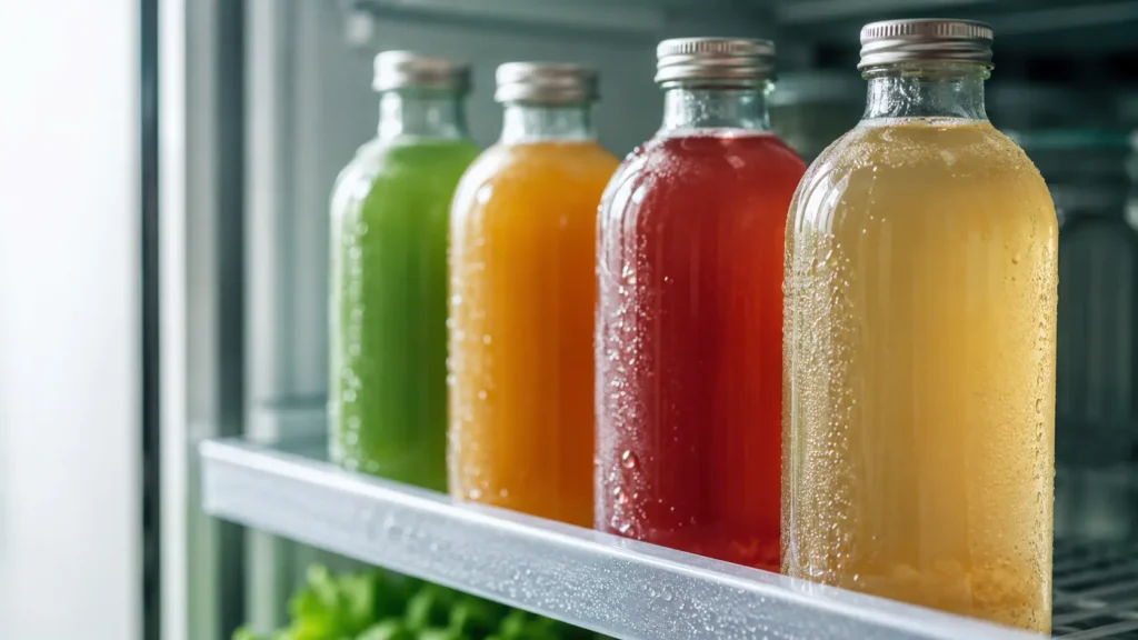 Close-up of several kombucha bottles in a refrigerated store aisle showing labels and live culture claims