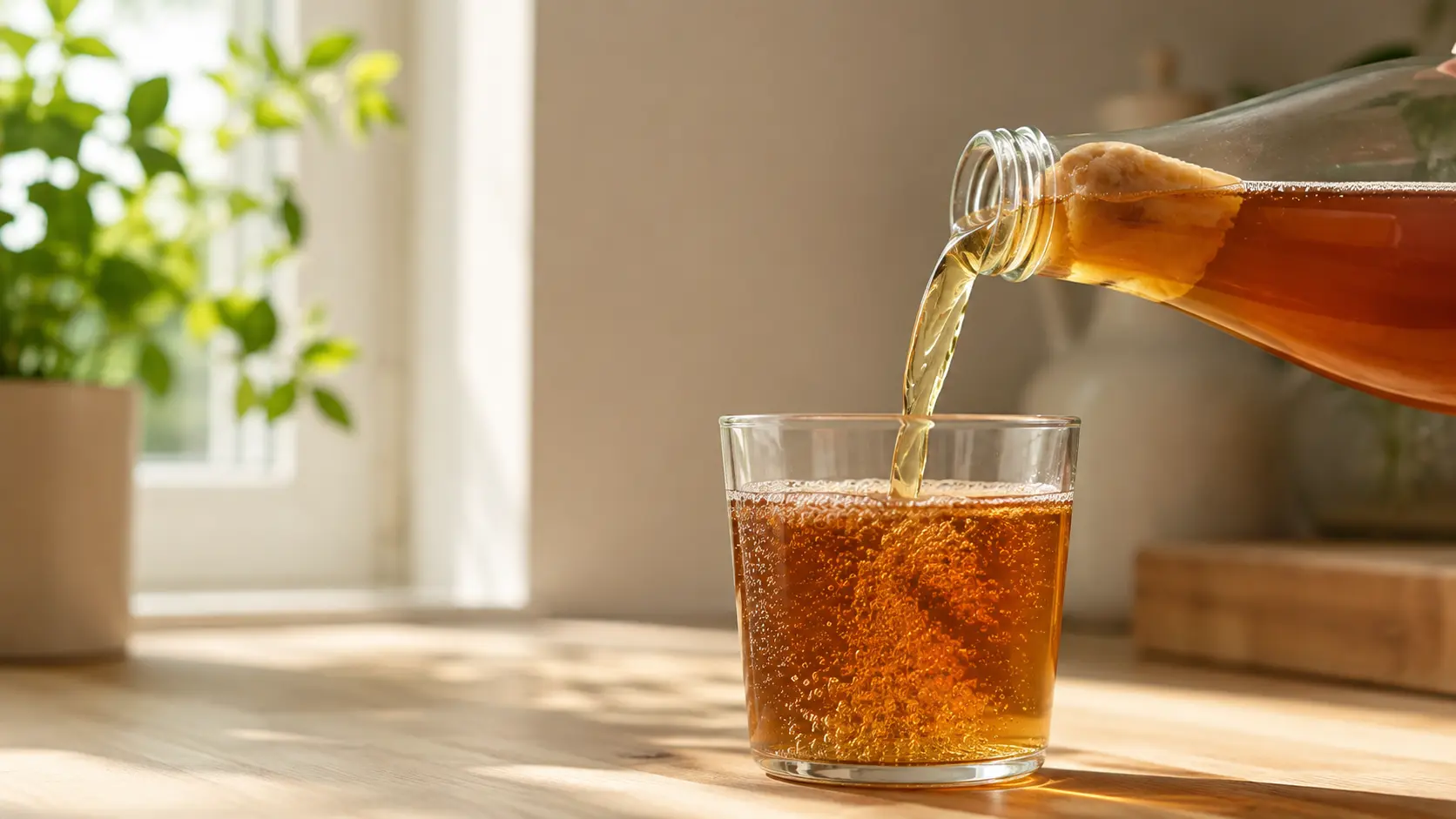 Pouring raw unfiltered kombucha from a bottle into a clear glass on a kitchen counter