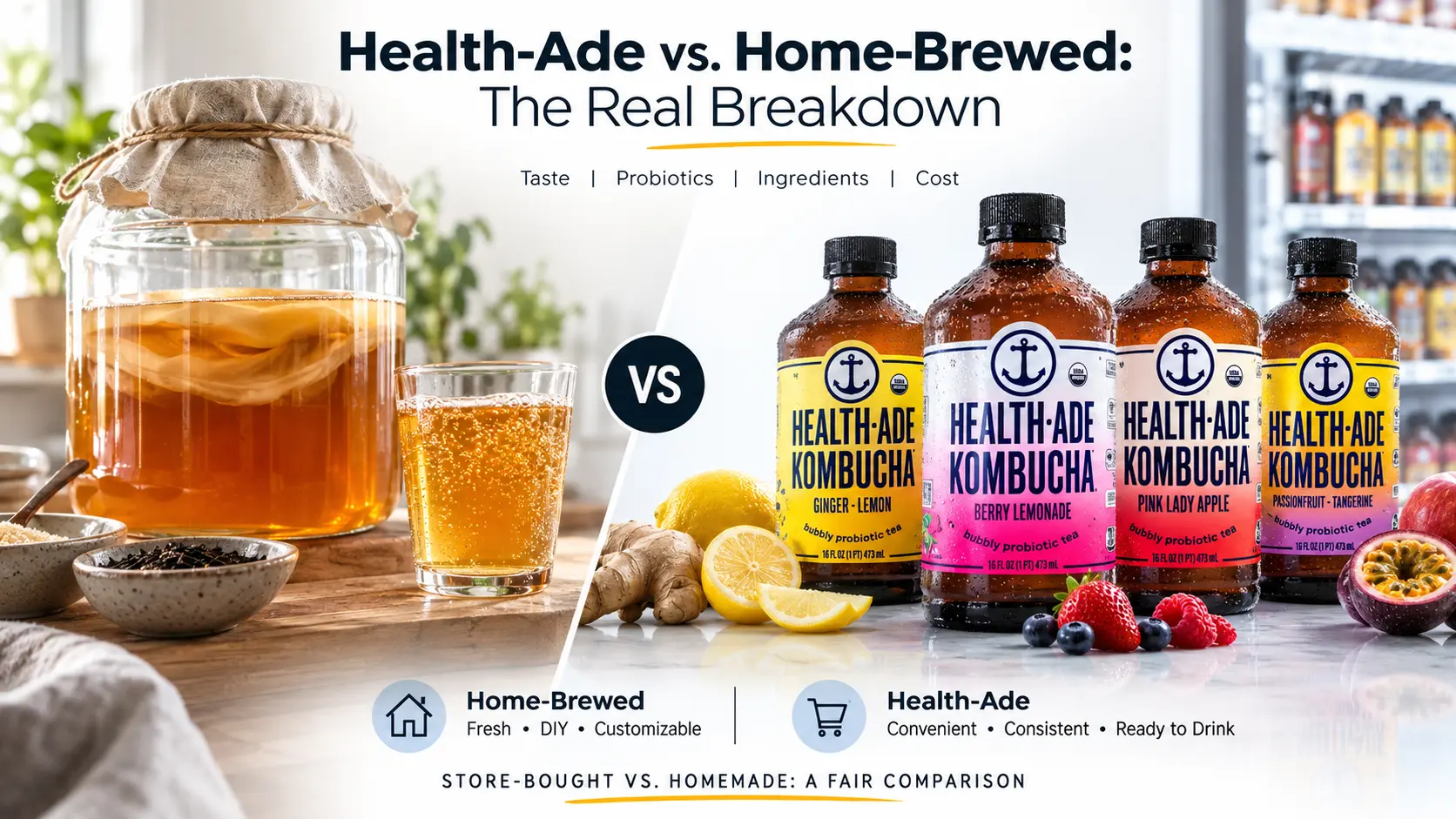 Split-screen comparison of home-brewed kombucha (left) with fresh ingredients and a fermentation jar versus Health-Ade bottled kombucha flavors (right), showing differences in taste, probiotics, ingredients, and cost.