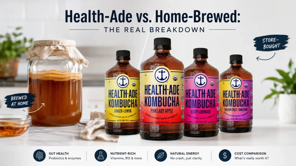 Side-by-side comparison of home-brewed kombucha in a glass jar and Health-Ade bottled kombucha with different flavors, highlighting gut health probiotics, nutrient content, natural energy, and cost comparison.