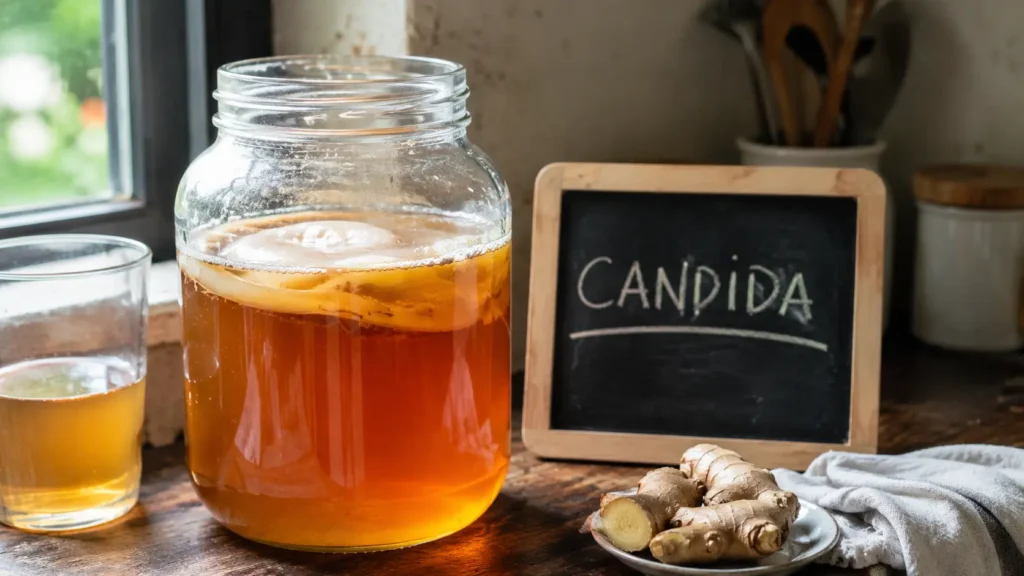 A glass jar of amber kombucha on a wooden kitchen counter, showing the SCOBY and fermentation bubbles up close