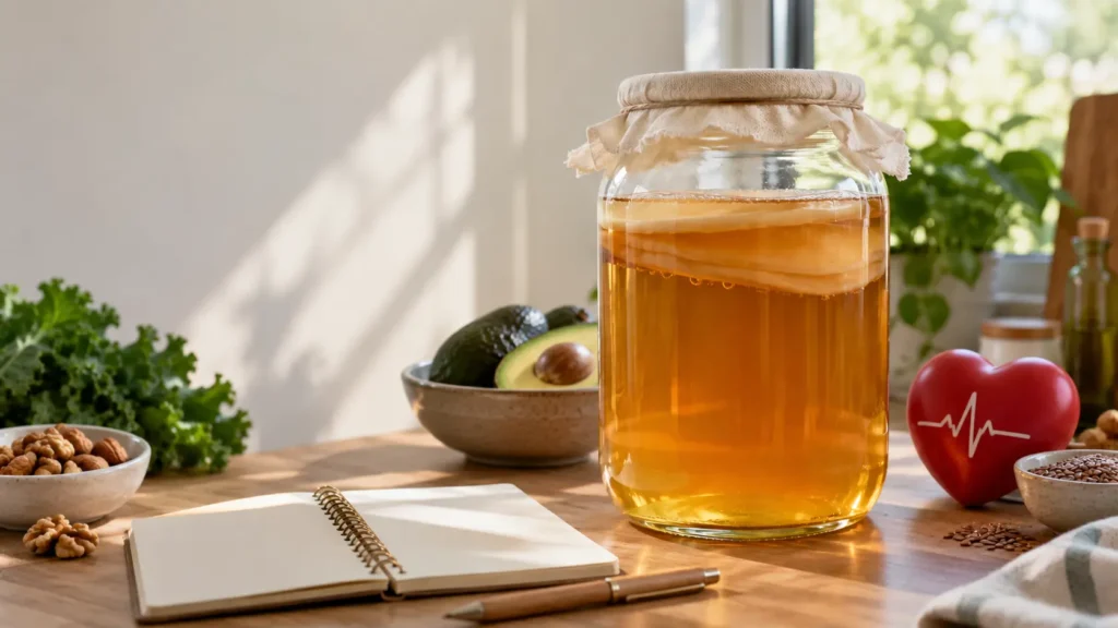 A glass jar of kombucha on a kitchen counter suggesting heart health and cholesterol research