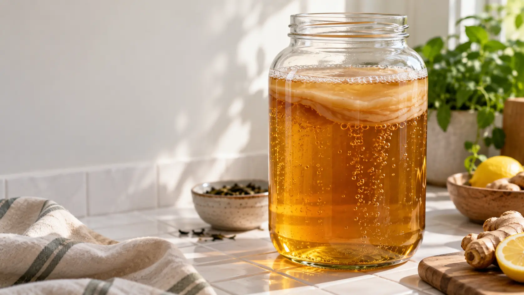Close-up of a kombucha fermentation vessel showing active bubbles linked to probiotic and cholesterol research