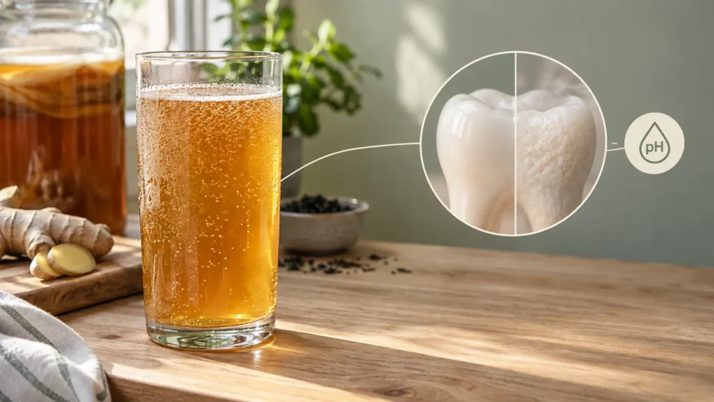 Close-up of a glass of kombucha with bubbles, representing the acidity that can affect tooth enamel