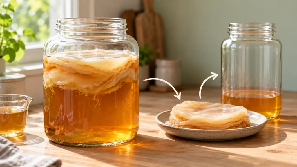 Thick kombucha SCOBY floating in a glass jar on a wooden kitchen counter, showing distinct layered growth.