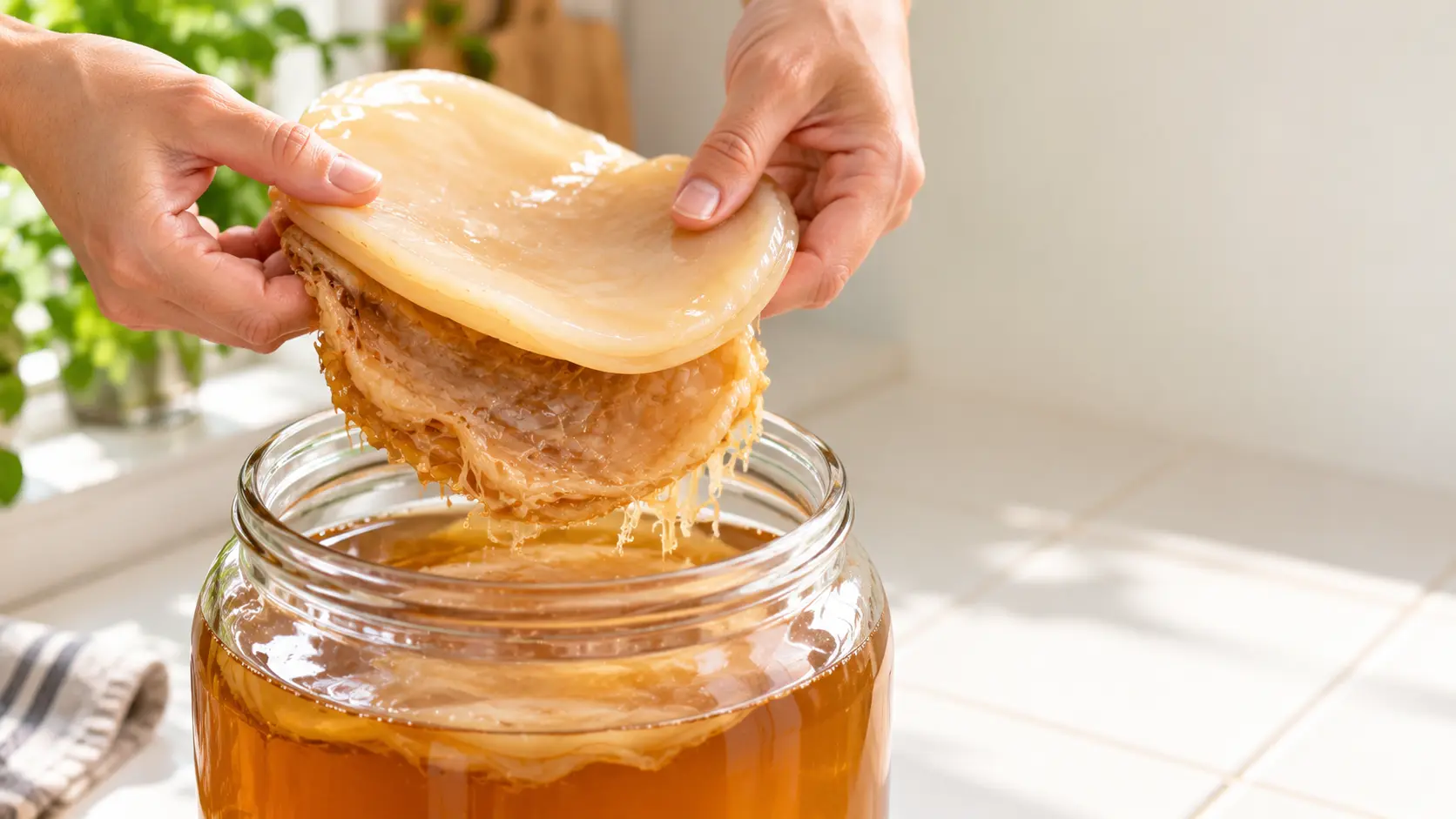 Hands carefully peeling apart SCOBY layers over a fermentation vessel to separate older and newer cultures.
